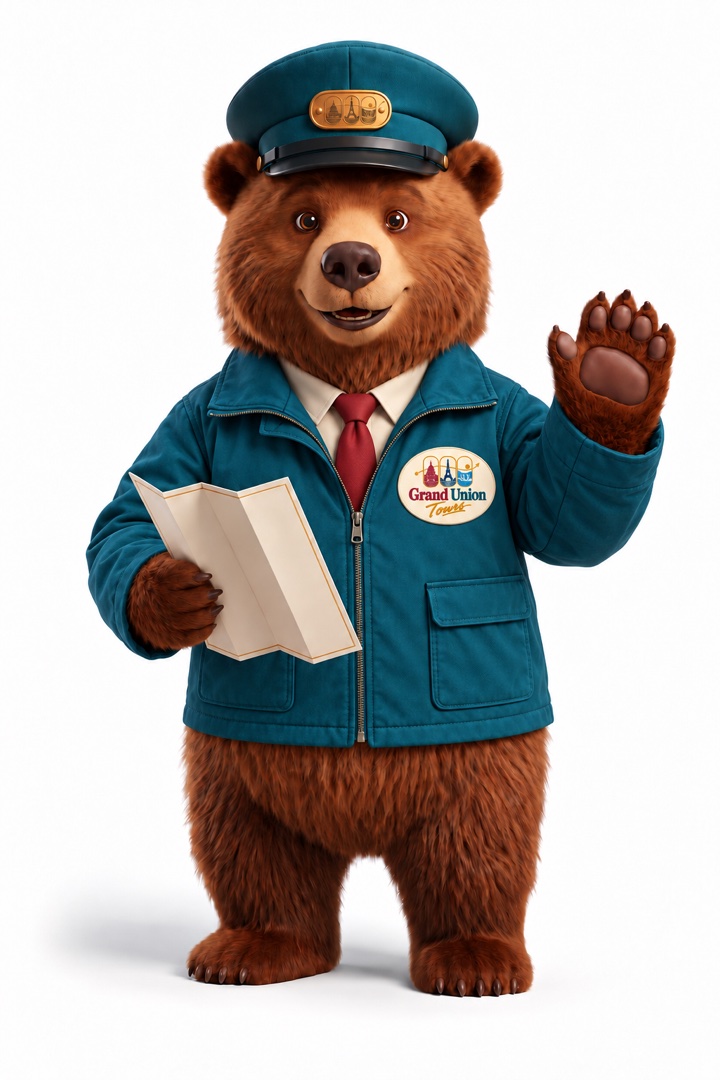 El oso de Grand Union Tours saluda con su abrigo verde petróleo, corbata roja y mapa.